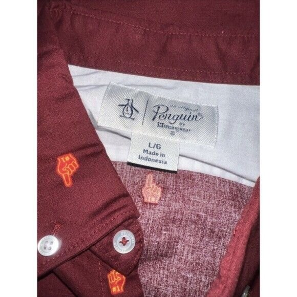 Original Penguin Mens Long Sleeve Button-Down Shirt Red With Print Size L - Picture 4 of 10
